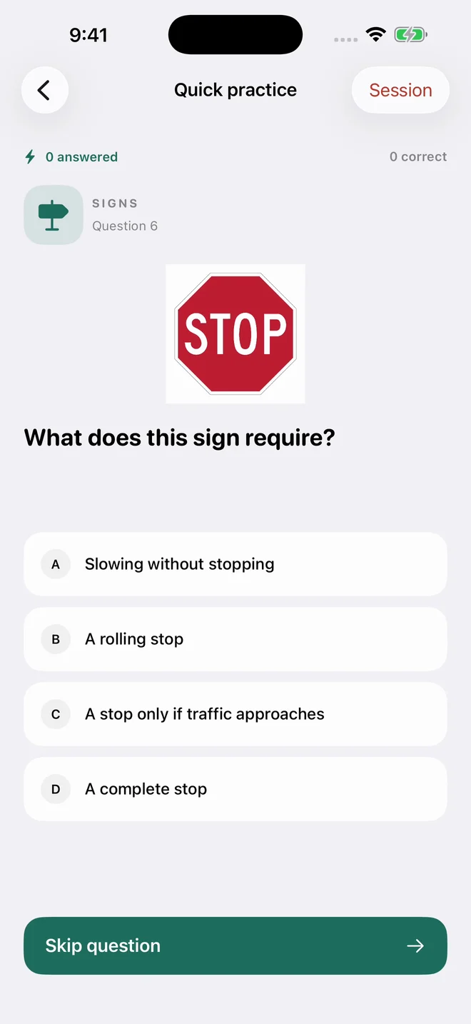 MapleReady multiple-choice road-sign practice question