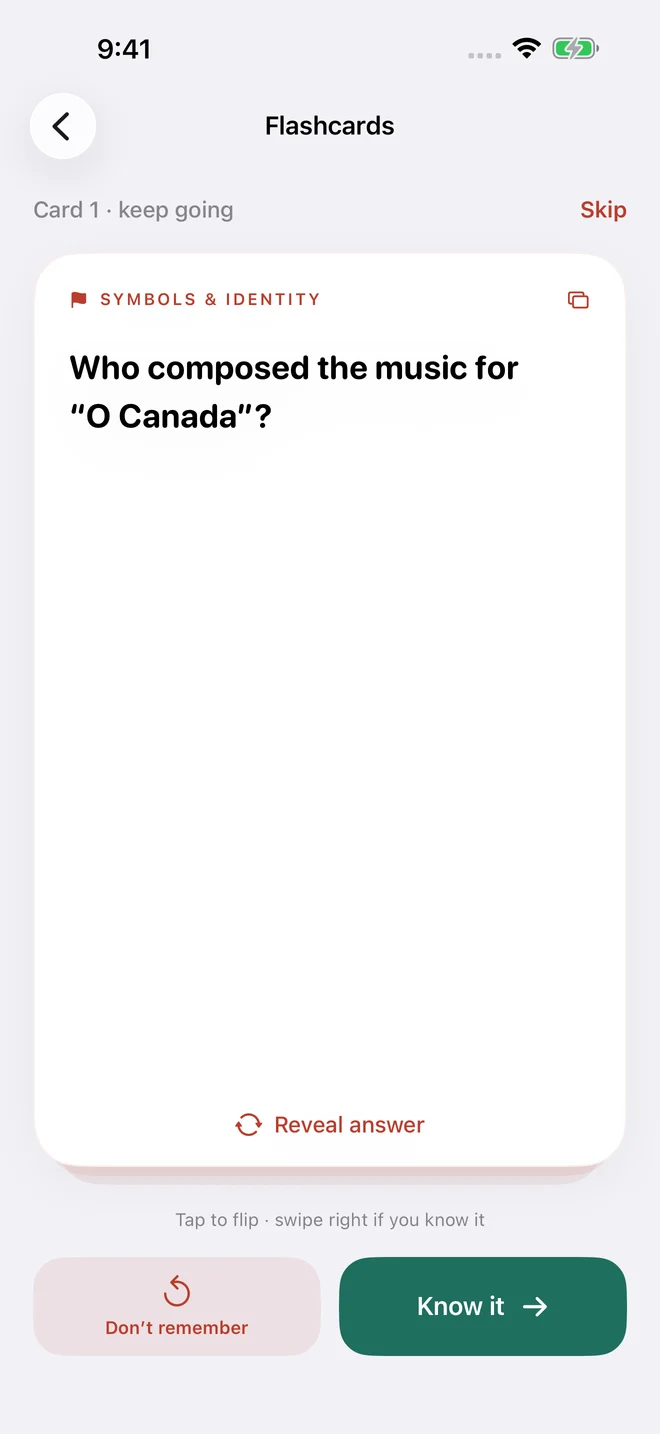 MapleReady flashcard with reveal answer, skip and recall controls