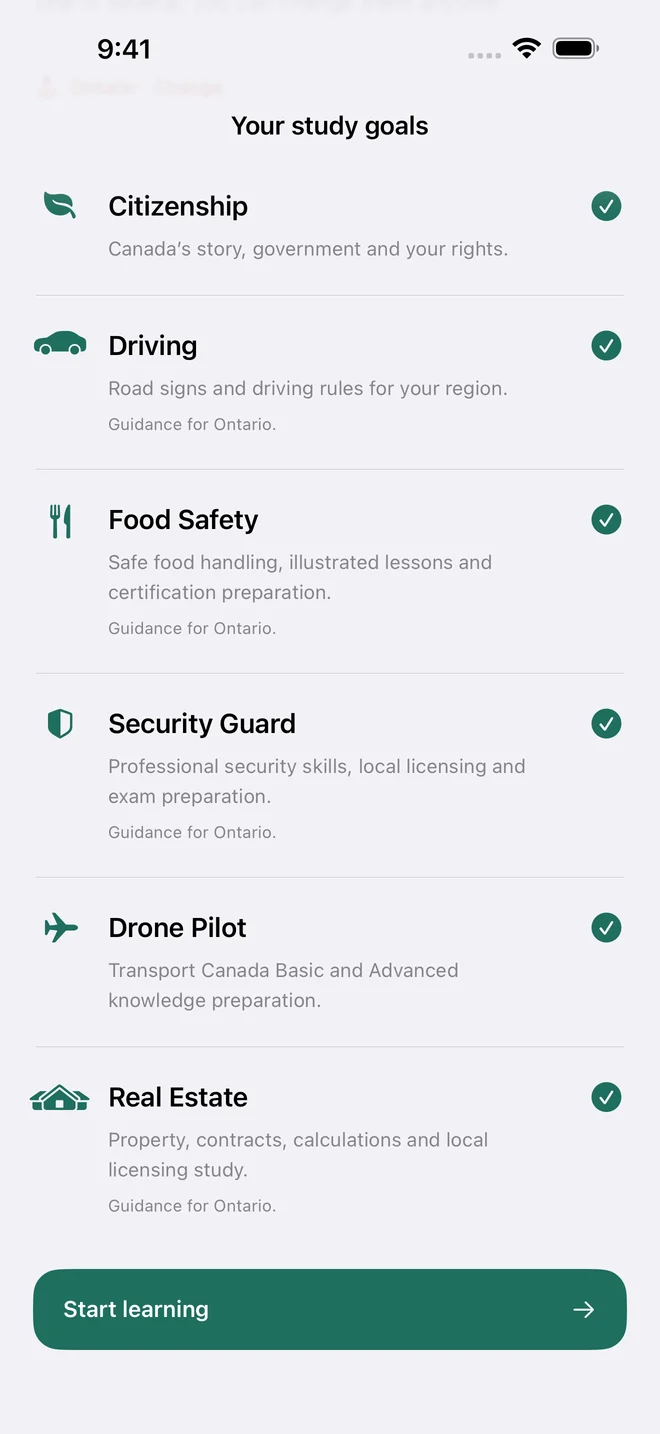 MapleReady study-goal screen showing Citizenship, Driving, Food Safety, Security Guard, Drone Pilot and Real Estate